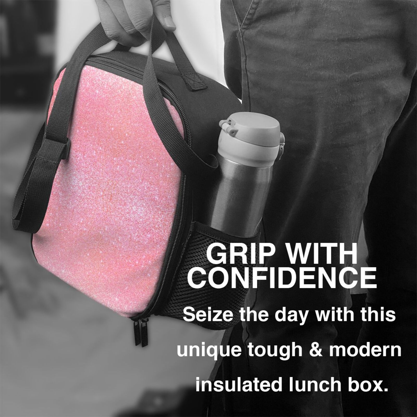 Rateoe Sparkly Pink Glitter Lunch Bag Reusable Lunch Box with Shoulder Straps for Men Women Insulated Portable Lunchbox for adults Suitable for School Work Picnic