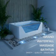 67 Luxury Whirlpool Bathtub with Panoramic Glass Window | 7 Hydro-Massage Jets, Waterfall Faucet & LED Chromatherapy | 1HP 750W Motor, Acrylic Spa Jetted Tub (110V) –Middle Drain