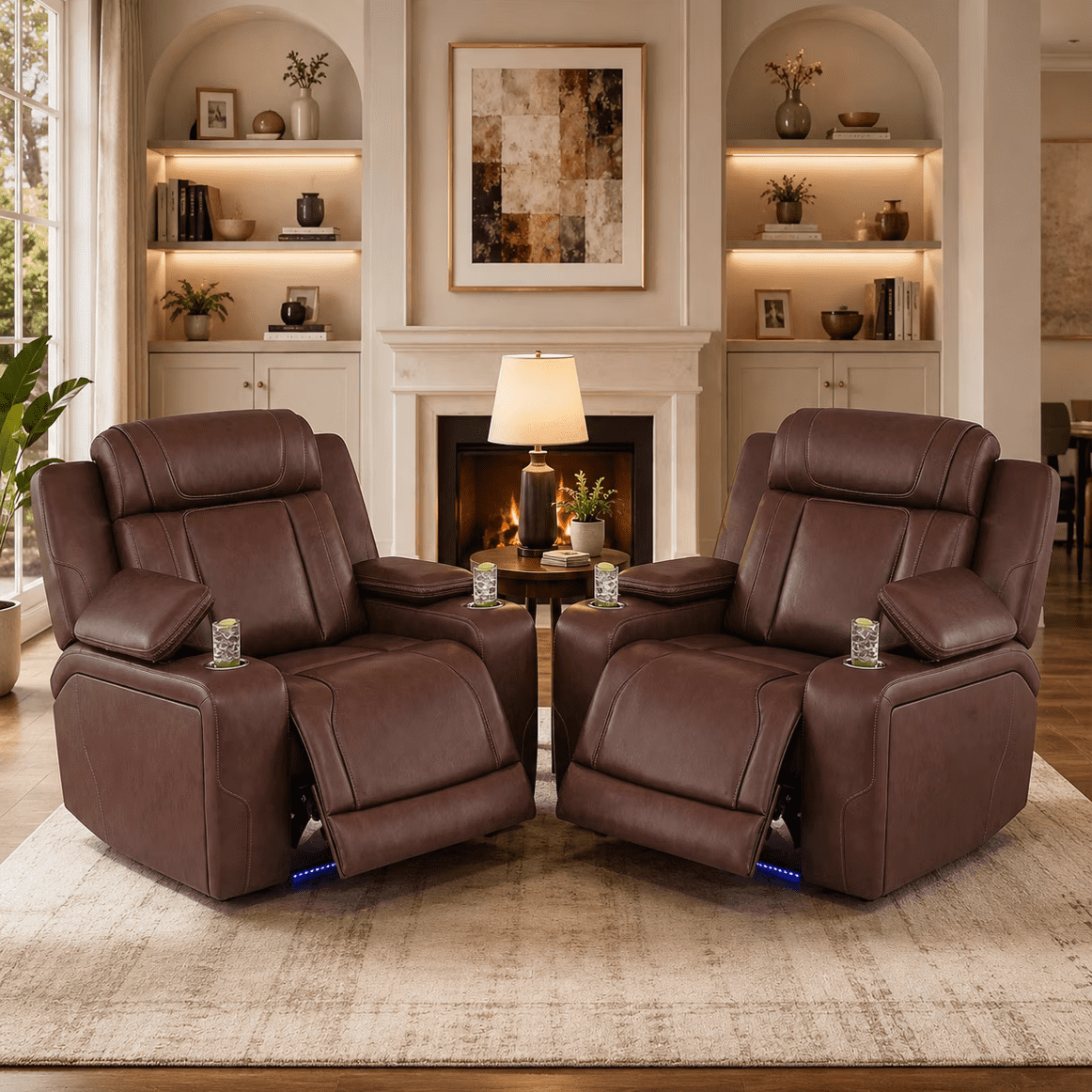 Gewnee Single Recliner Chair, Air Leather Home Theater Reclining Sofa with Dual Cup Holders & Bottom LED Ambient Light, Ergonomic Adjustable Recliner for Living Room Bedroom, Reddish-brown