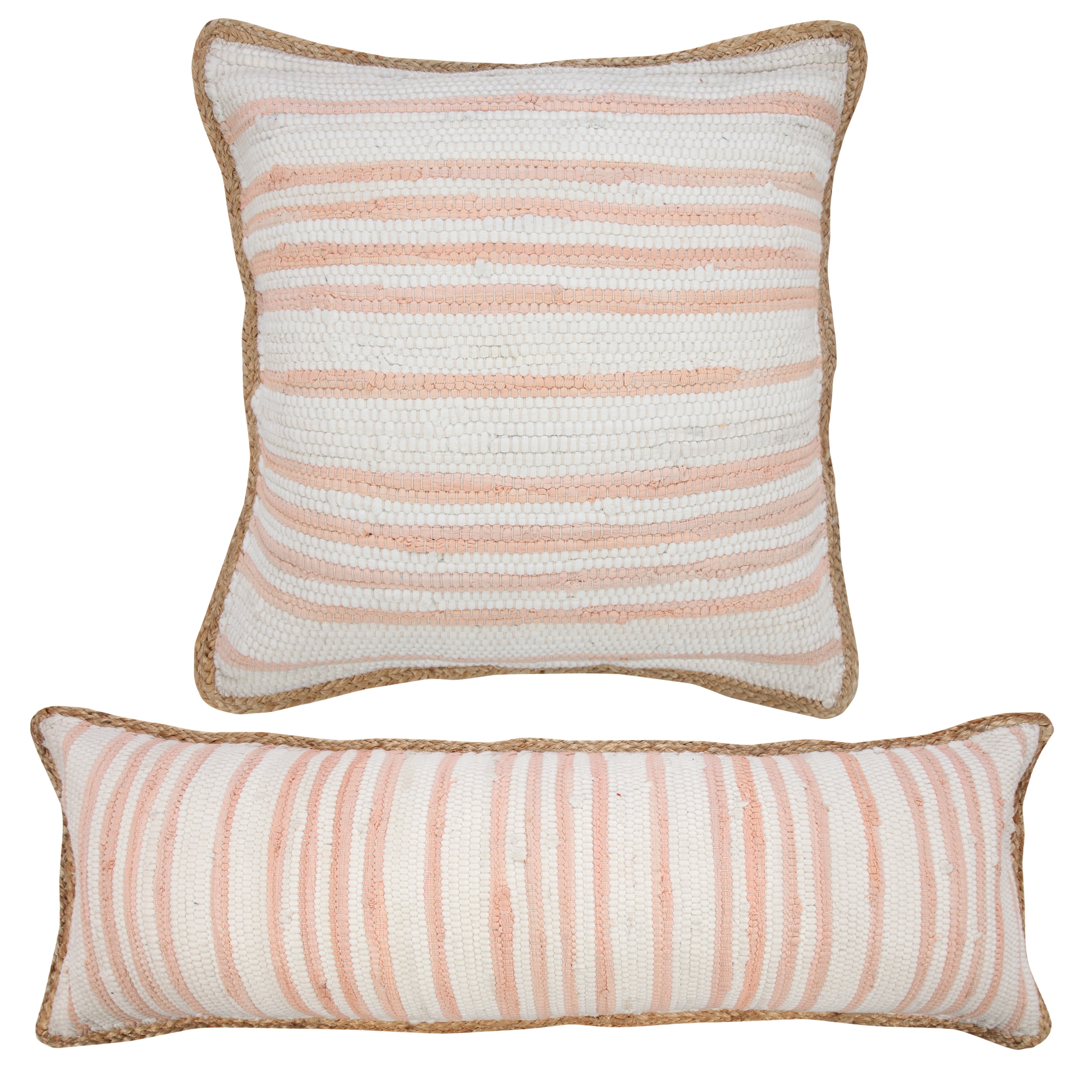 Ox Bay Ringo 20" x 20" Coral Pink Jute Bordered Striped Cotton Adult Decorative Throw Pillow Cover