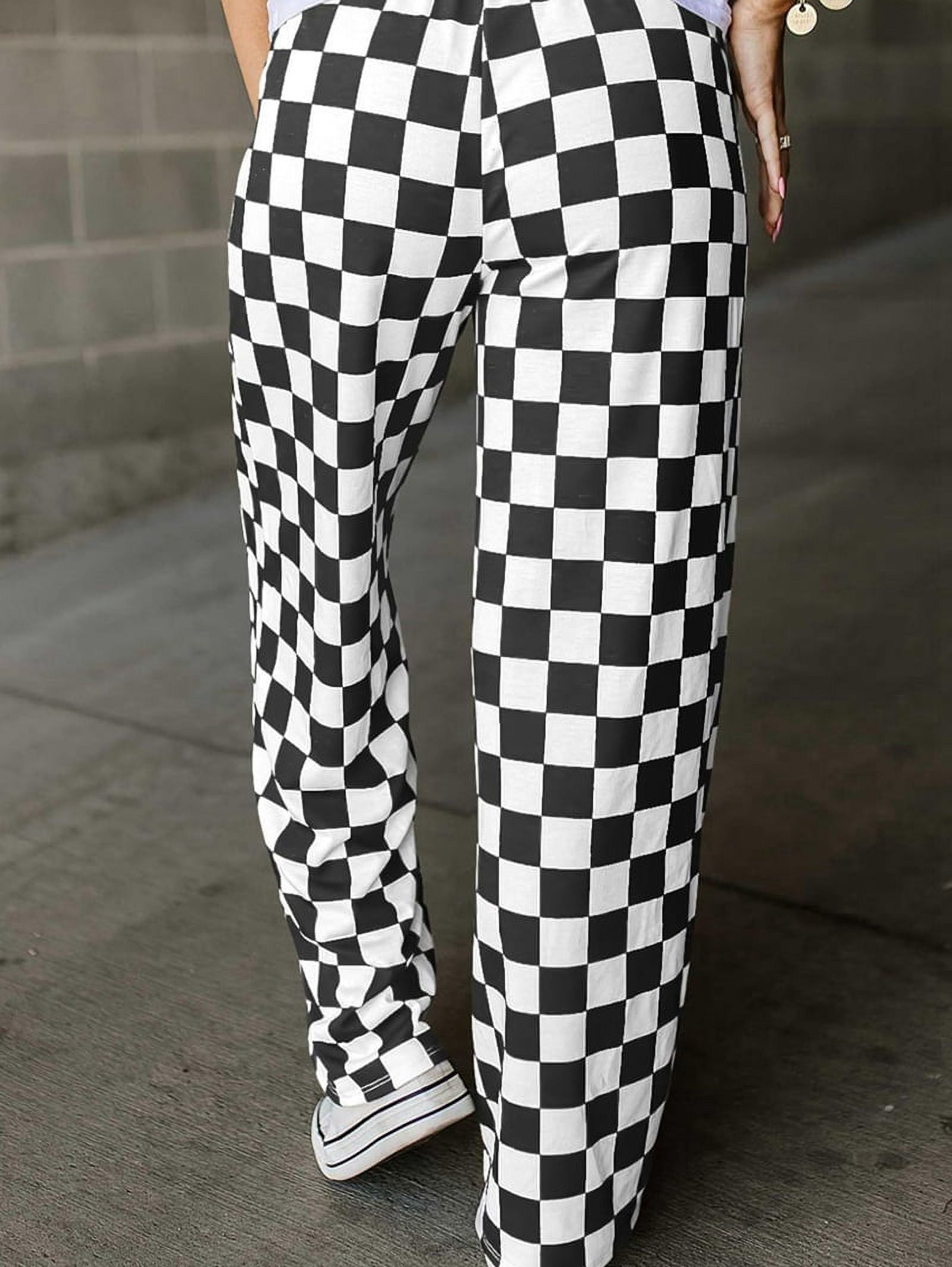 Women's Checkered Pants Wide Leg with Elastic Waist & Pockets Comfortable Casual
