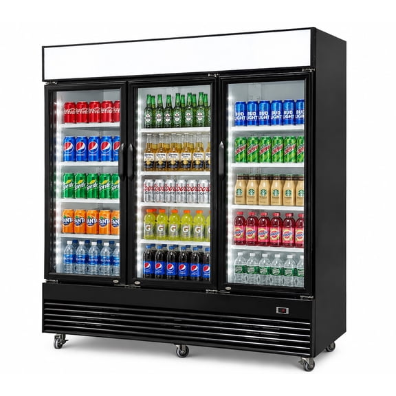 78 Inch Commercial 3 Glass Door Merchandiser Refrigerator 69 Cu Ft Beverage Display Cooler NSF ETL Certified Black