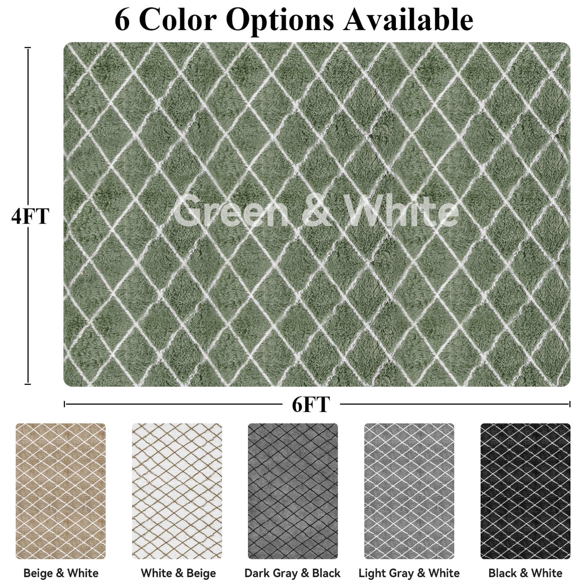 CozyDesg Shag Area Rugs,4'x6' Soft Fluffy Shaggy Carpet for Living Room,Large Rug for Bedroom Dining Room Home Decor Room Decor,Green & White
