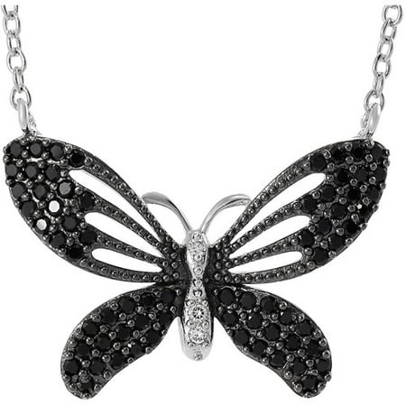 Brinley Co. Black and White CZ Sterling Silver Butterfly Pendant, 16 with 1" Extender"