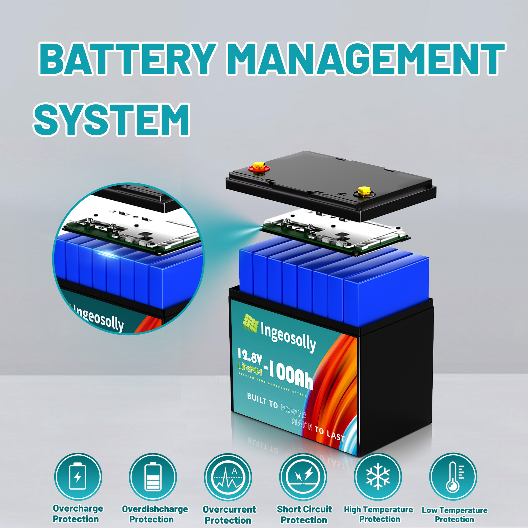 12V 100Ah LiFePO4 Lithium Battery,Mini Group 24 100A BMS Ingeosolly Battery for RV,Solar,off-Grid,Backup Power,Marine