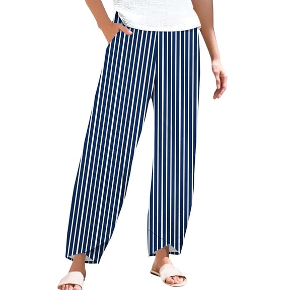 yunLCZ Wide Leg Pants Woman Striped Linen Pants For Women Summer Casual Wide Leg Pants With Pockets Comfy Cropped Palazzo Pants