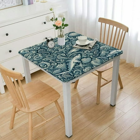 nygtbtfer Anchor Decor Tablecloth for Side Table, Turtle Dolphin Seahorse Mollusk Shark Fauna, for Dining Room/Party/Banquet Decoration, Aqua Blue White