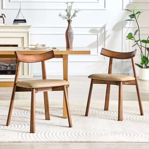 JUFU Dining Chairs Set of 2, Solid Wood Upholstered Dining Chairs with Curved Backrest and PU Leather Seat, Modern Kitchen & Dining Room Chairs