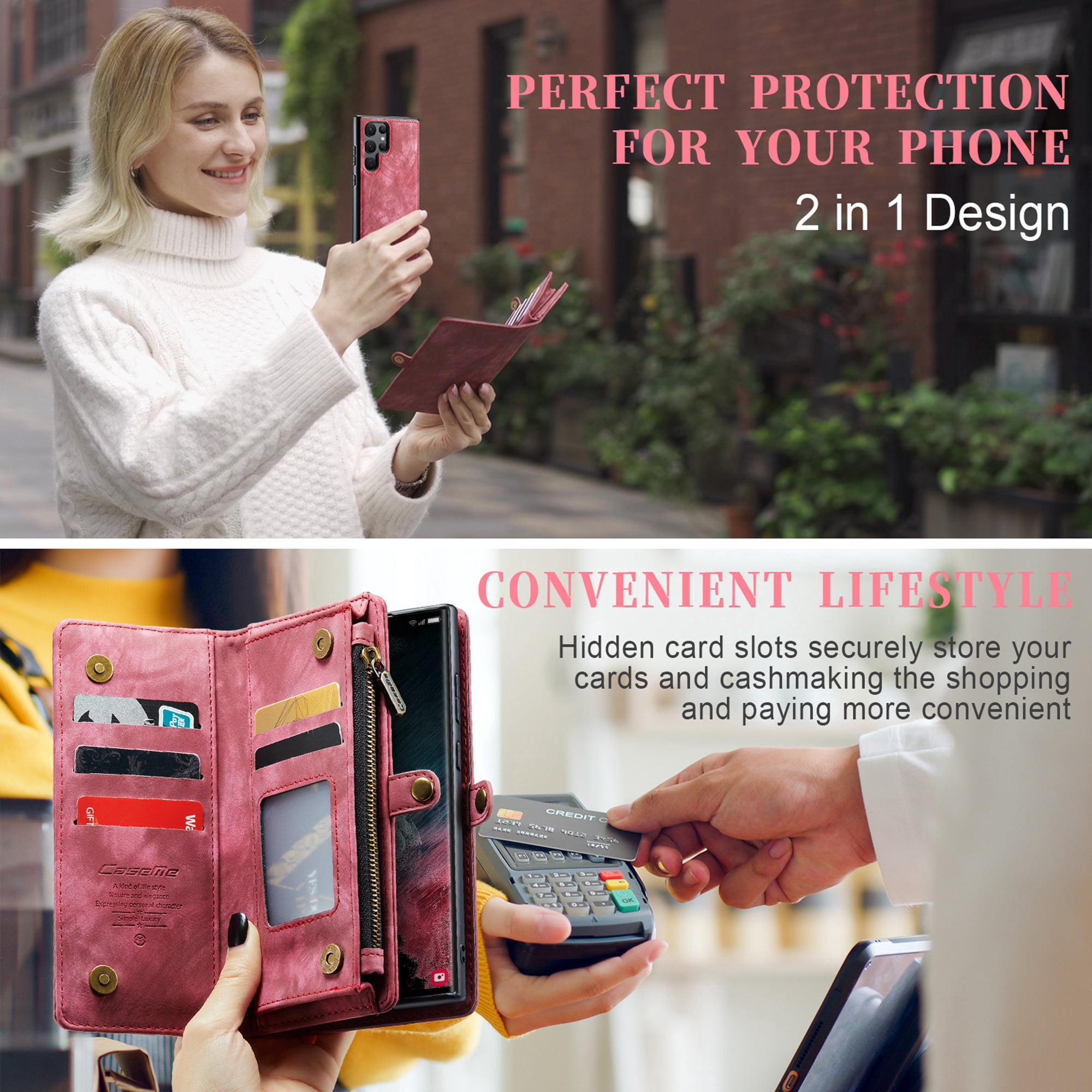 iPhone 8 Plus Wallet Case, iPhone 7 Plus Case, Dteck Multi-function 2 in 1 PU Leather Zipper 11 Card Slots Card Slots Money Pocket Clutch Wallet Case Detachable Magnetic Cover, Red