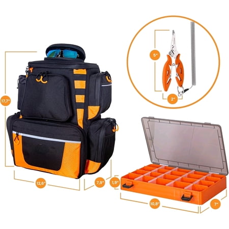 Fishing Backpack Waterproof Tackle Bag with Protective Rain Cover Includes 4 Tackle Boxes Stainless Steel Fishing Pliers and Lanyard - Black Orange$$Sport & Recreation Other