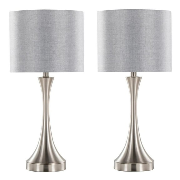 LumiSource Brushed Nickel, Grey Linen Lenuxe 25" Metal Table Lamp With USB - Set of 2