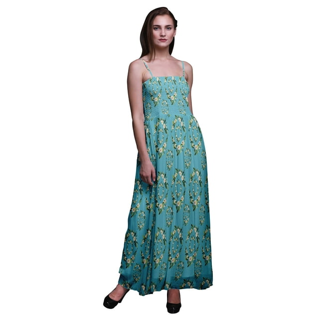 Bimba Robe Longue Maxi Tube à Smocks Imprimé Floral Feuilles & Jasmin Arabe pour Femmes-Moyen