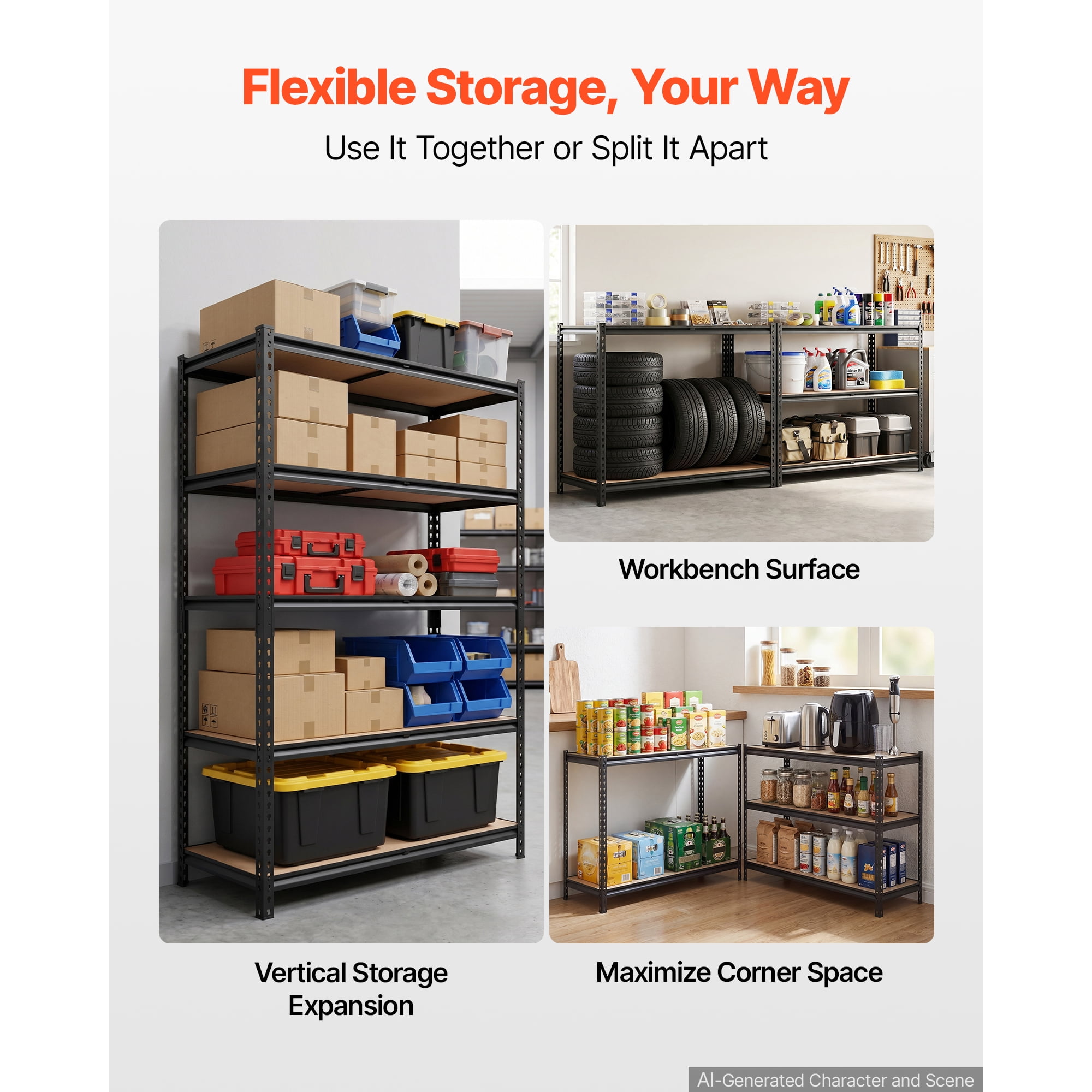 KFFKFF 5-Tier Adjustable Storage Shelves, 2000 lbs Capacity, Durable Metal Utility Rack for Garage, Warehouse, Basement, or Kitchen, Dimensions: 48.35" W x 18.07" D x 71.38" H