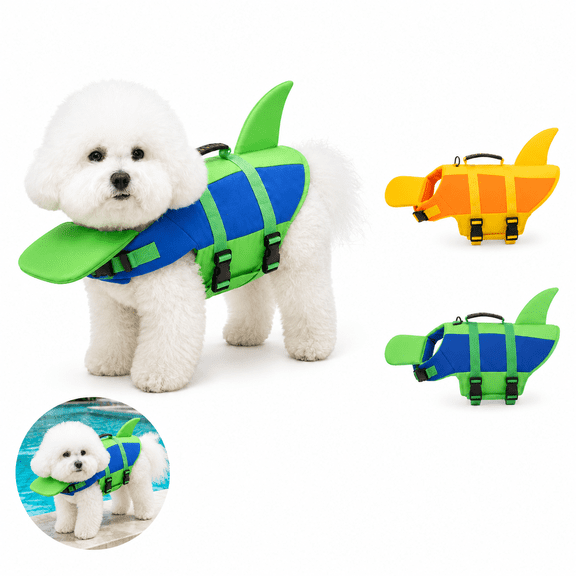 Dog Life Jacket with Chin Float Green (L), Pet Swim Vest with Rescue Handle for Boating Pool Lake, Adjustable Dog Flotation Vest