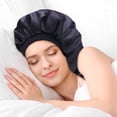 thumbnail image 5 of DODAMOUR Long Satin Bonnet for Women, Double Layer Silk Bonnet with Stretchy Band, Sleeping Cap with Button for Braids Curly Hair (Black), 5 of 7