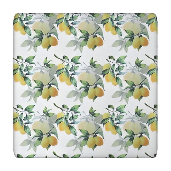 Yellow Lemon Fruit Leaves White Pattern Square Fitted Tablecloth with Elastic Edge,Square Table Cover,Washable Elastic Table Cover for Home Kitchen Party Decor 34"x34"