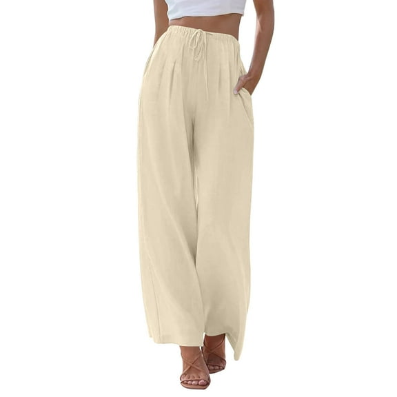 LISTHA Plus Size Linen Pants for Women Casual Wide Leg 2025 Trousers Elastic Waist Drawstring Summer Palazzo Pants with Pockets Beige XL
