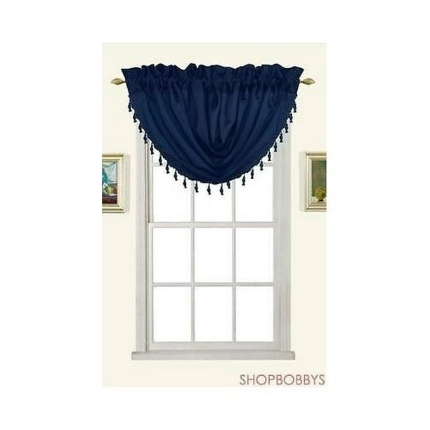 Melanie Faux Silk Rod Pocket Waterfall Valance With Tassels, Navy