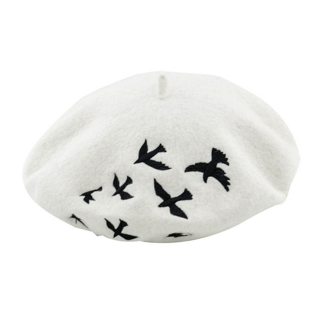 EeaseMX Boina de lana con bordado de petirrojo, cálida y moderna, gorro de pintor combinable, tocado retro de pintor para mujer (blanco)