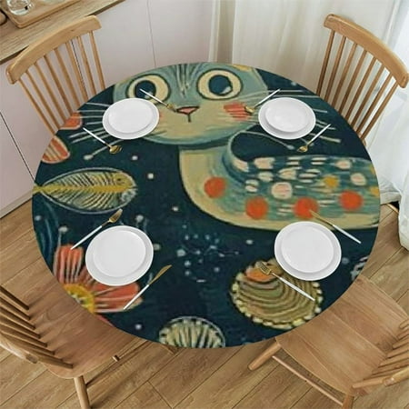 

Sheronv Cute Cat Round Table Cover Stain Resistant Washable Indoor Outdoor Tablecloth Kitchen Dining Wedding Parties 100% Polyester Outdoor Fitted Mother s Day Table Cloth 42 -46