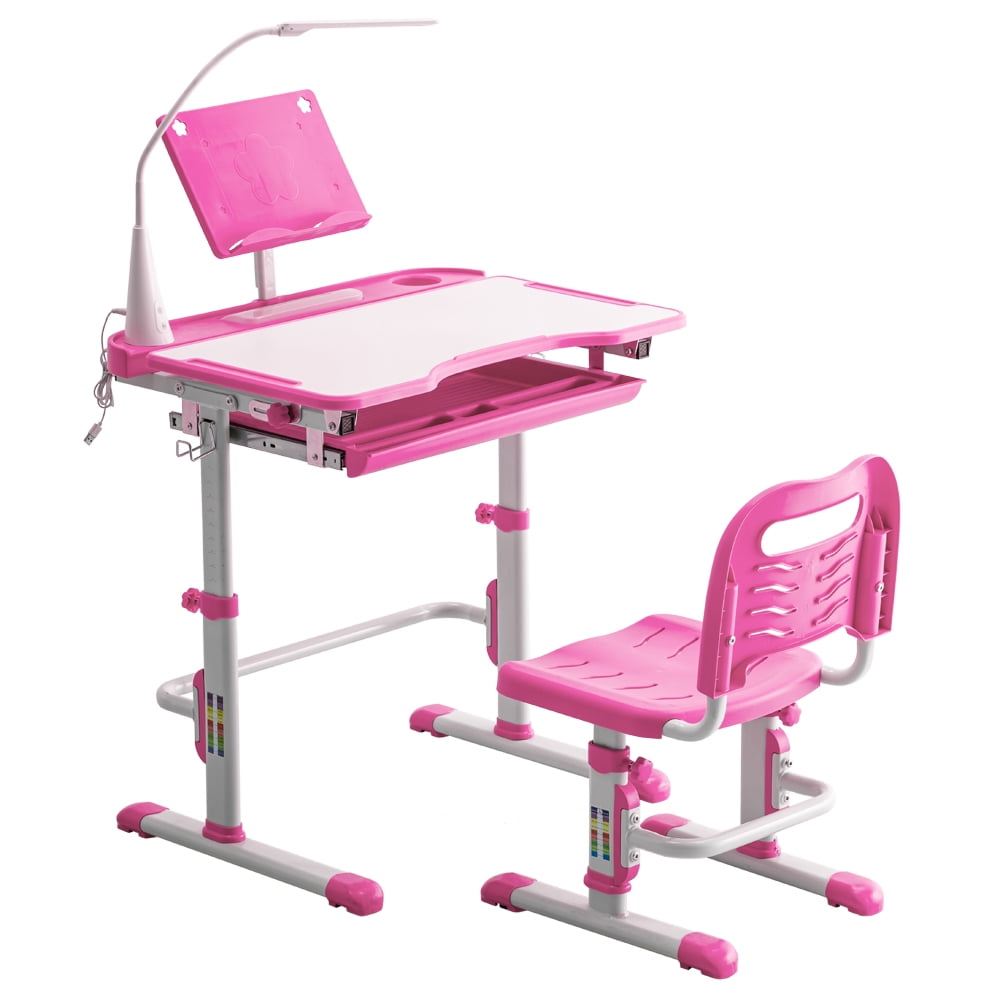 Children Desk and Chair Set, School Student Writing Table W/Bookstand, LED Light and PullOut