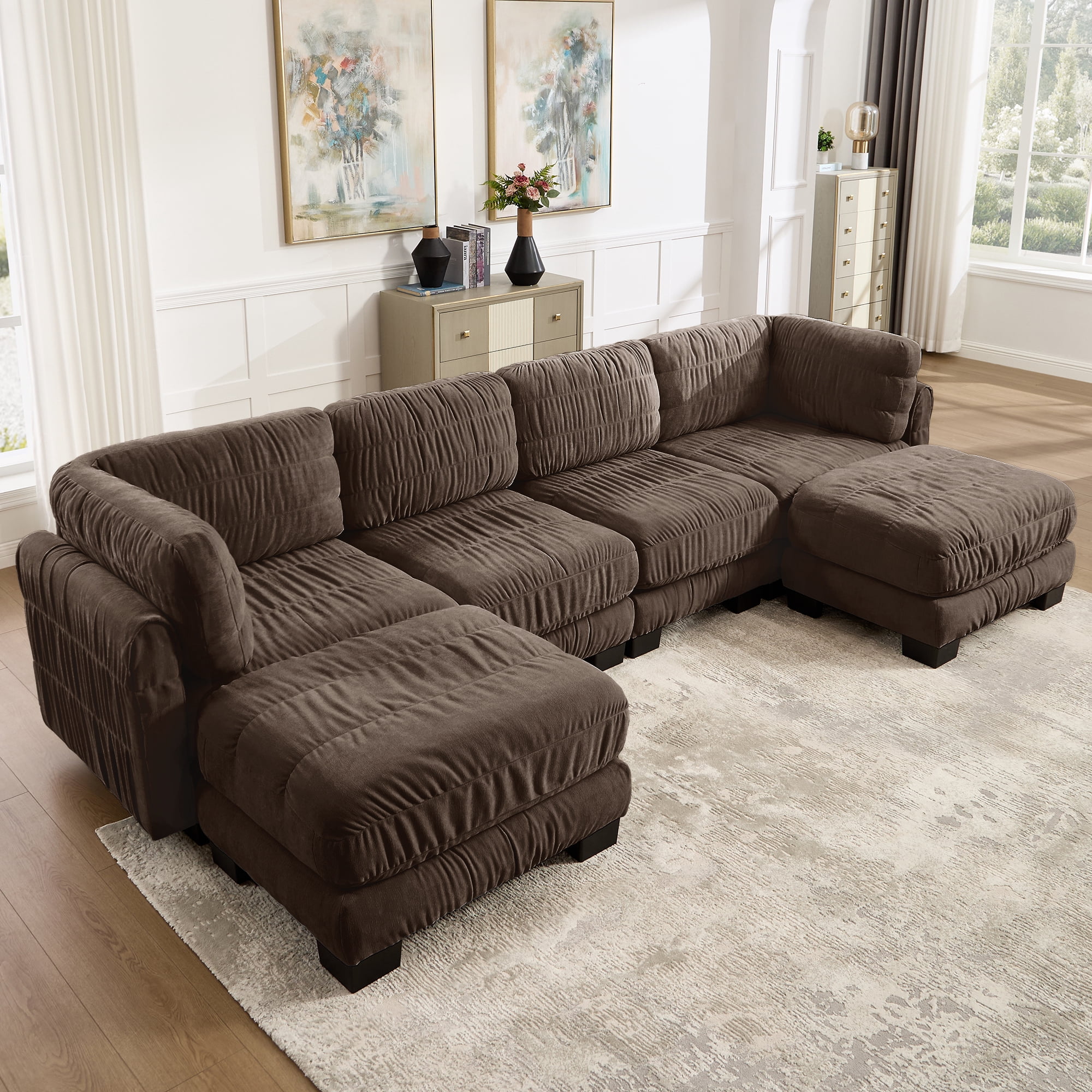 140" U Shape 4 Seat Ruched Chenille Modular Sectional Sofa with 2 Movable Ottomans,Easy Assembly