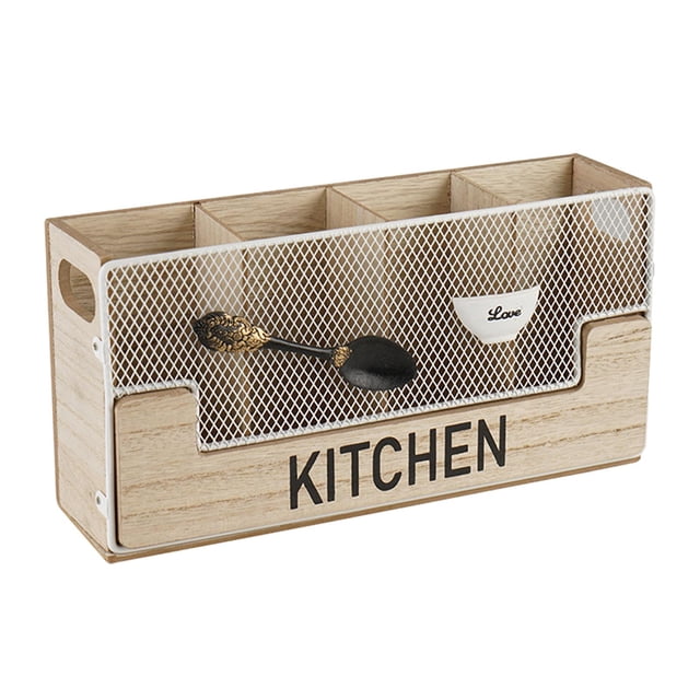 soporte para utensilios de , organizador de cubiertos, soporte para almacenamiento de cuchillos y tenedores, caja de almacenamiento para organizador de cubiertos en madera natural con cuatro compartimentos verticales, panel frontal con rejilla metálica blanca y texto "KITCHEN", asas laterales recortadas; medidas 30x8x15 cm; también adecuado para ordenar utensilios de bar o herramientas pequeñas.