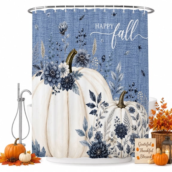 Happy Fall Pumpkin Shower Curtain Set with Hooks, Thanksgiving White Pumpkin Navy Blue Flower Leaf Sturdy Water Repellent Shower Curtains for Bathroom Bathtub, Machine Washable 72x96 Inch