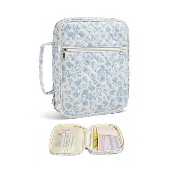 Blue Quilted Cotton Zippered Storage Cube Tote with Handle, 11.8 x 11.8 x 9.06 inches