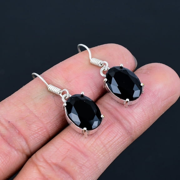 Black Spinel Gemstone Handmade 925 Sterling Silver Solitaire Earring 1.4" VJ 337