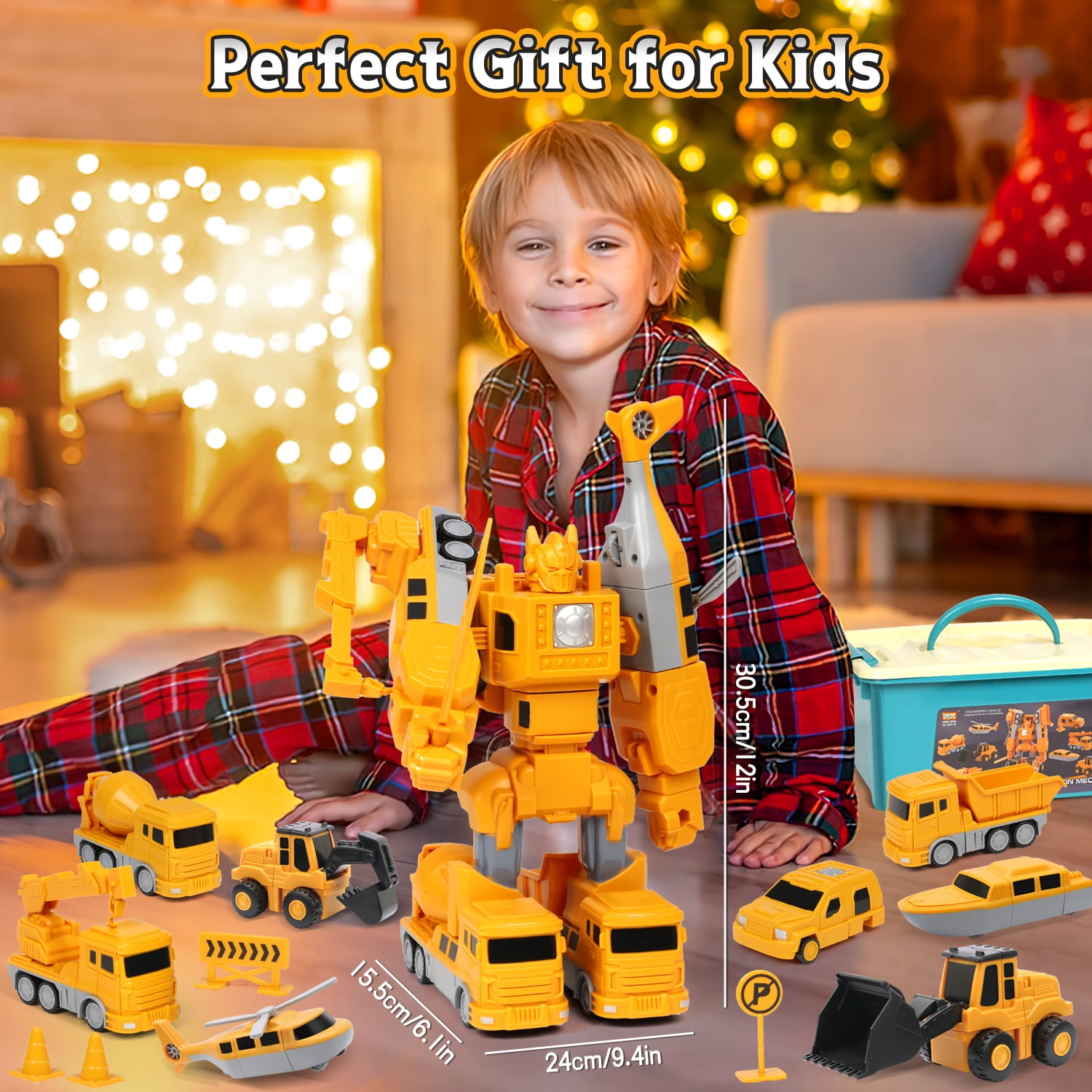 Huge Wave 8-In-1 Construction Vehicles Boys Toys Set, 12+ inch Magnetic Transform Robot Truck Set, DIY Toys with Connectors, Robot STEM Building Kids Christmas Gifts for 3-8 Year Old
