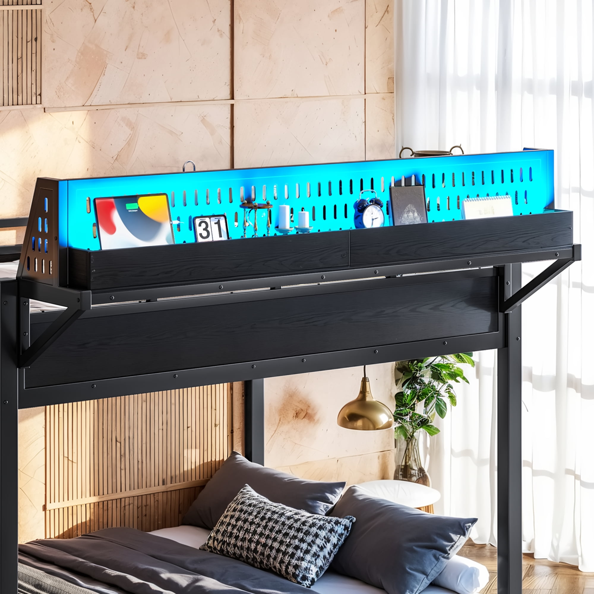 Mintazer Full Over Full Bunk Bed with Storage Shelves and Pegboard, Metal Bunk Bed Frame with LED Lights & Charging Station for Bedroom Guest Room, Black