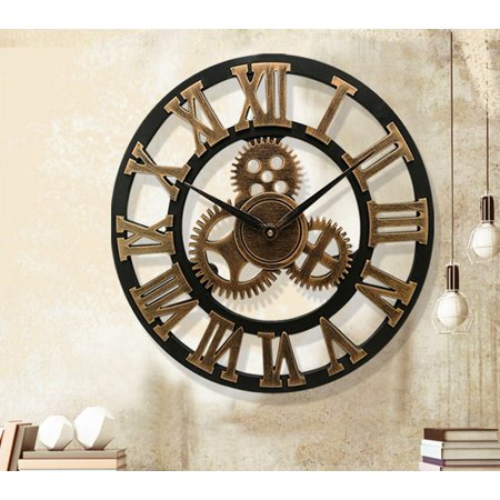 Working Gear Wall Clock Meigar 19 Inches 3d Wall Clock, Silent Gear Wall Clock, Retro Rustic Large Wall Clock Decorative, Noiseless Big Wall Clock Vintage Antique Distressed Art Roman Numerals Design ()