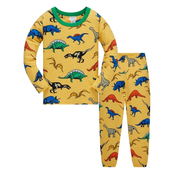 GobdXE Boys Dinosaur Print Pajama Set All Over Multi Dino Graphic Long Sleeve Crew Neck Top Pants Kids 2 Piece Sleepwear Outfit 3-4 Years,Yellow