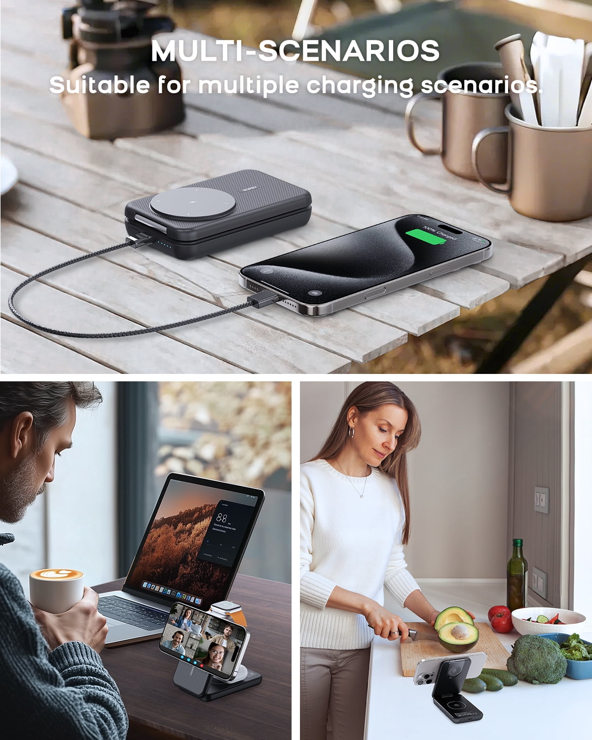 RORRY Magnetic Portable Chrager , 10000mAh Power Bank 3-in-1  Wireless Charger, Foldable Battery Pack for iPhone, Apple Watch, AirPods, Samsung,Black