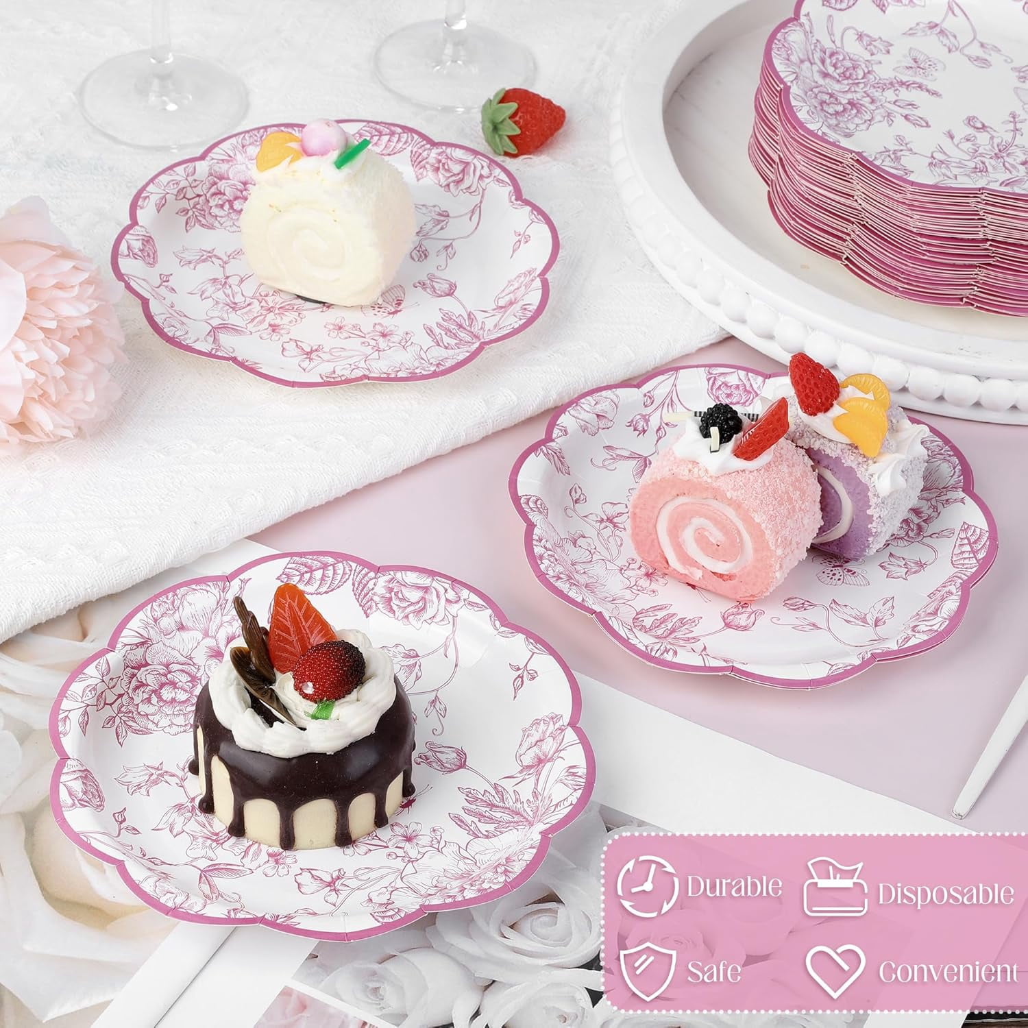100 Pieces Pink Flower Paper Plates 7 Inches Disposable Floral Paper Plates Scalloped Pink and White Chinoiserie Vintage Flower Dessert Plates for Wedding Birthday Holiday Party Supplies