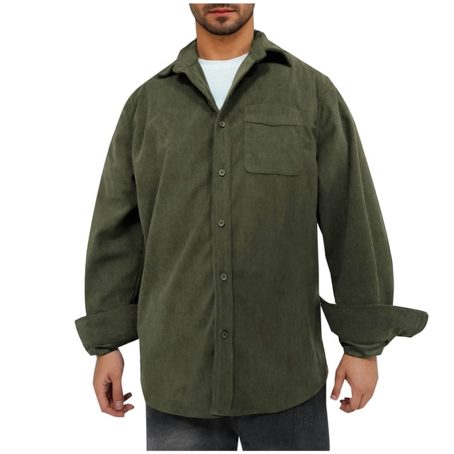 LNWUY Corduroy Shirts for Men Spring Autumn Long Sleeve Button Down Casual Ribbed Shacket Slim Fit Lightweight Jacket Green L