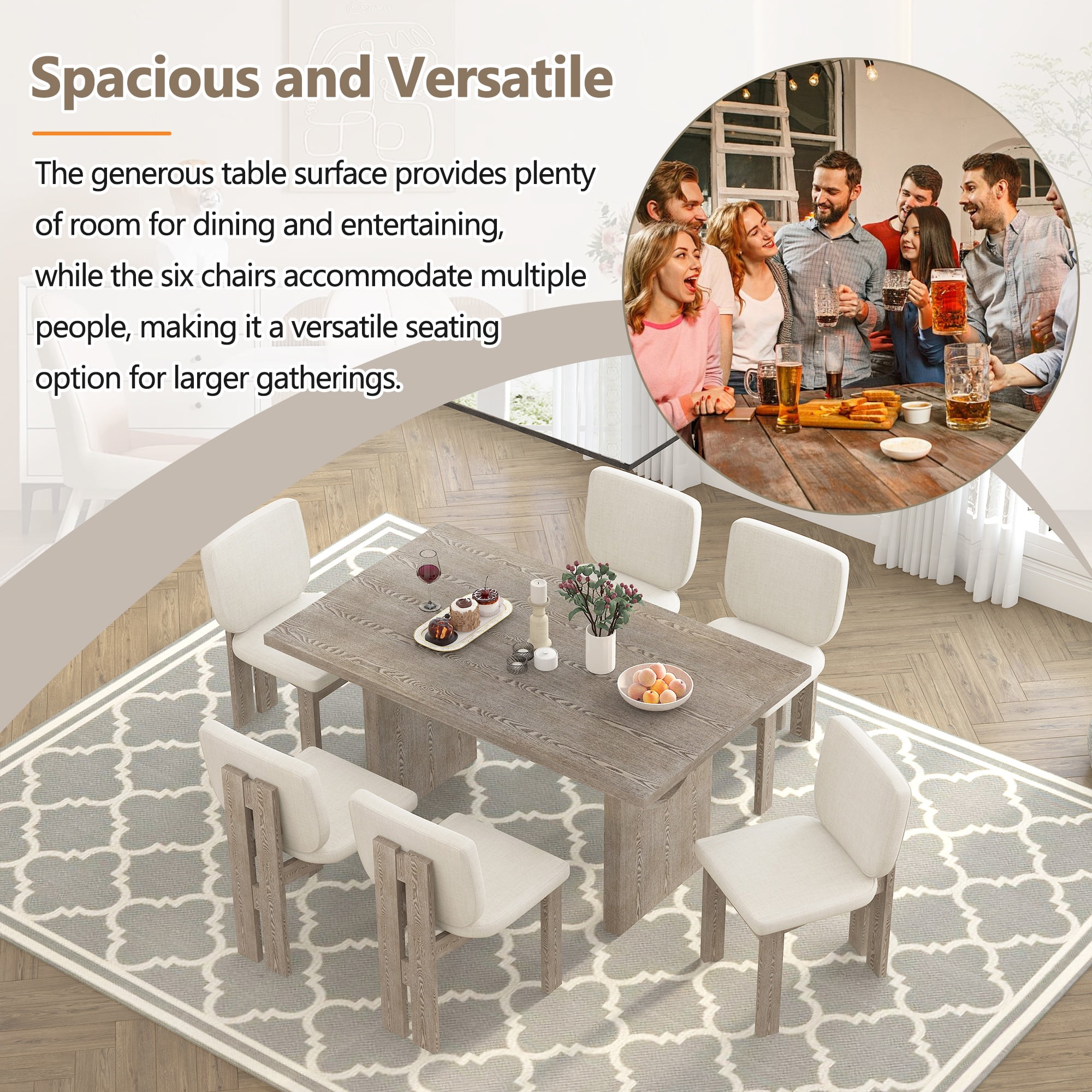 Wood Dining Table Set for 6, Atumon 7 Piece Dining Room Set, Dining Table Set with 6 Beige Cushioned Chairs, Farmhouse Dining Table Set, Dining Table Set Furniture for Kitchen Dining Room, Natural