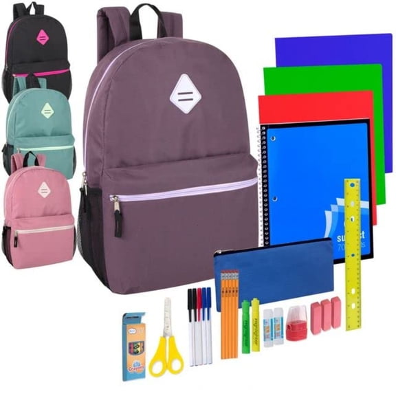 12 Pack of Bulk Wholesale Female Color Backpacks with 30 Piece Stationary Kits Each