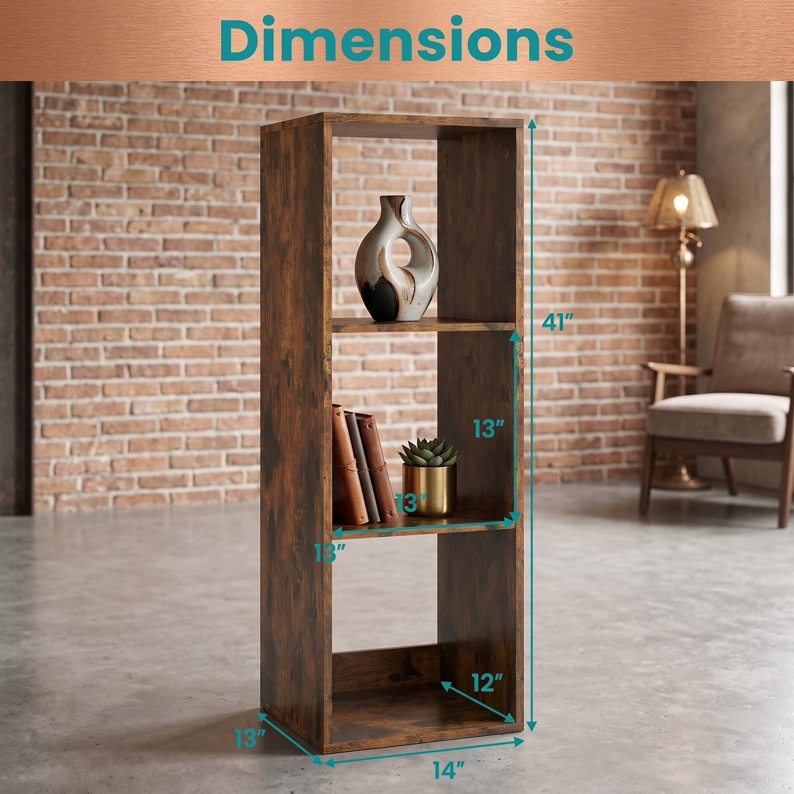 Furnibear 3 Cube Bookshelf with Back Guardrail, Engineered Wood Cube Storage Organizer Bookcase Display Shelf for Living Room Bedroom Home Office with, Brown
