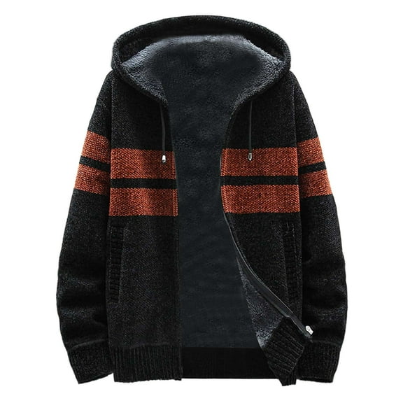 DHFJKG Mens Zip Up Hoodies Knitted Sweaters With Fuzzy Warm Lining Loose Fit Long Sleeve Hooded Drawstring Knitting Cardigan Coat With Pockets Striped Color Block Versatile Outerwear