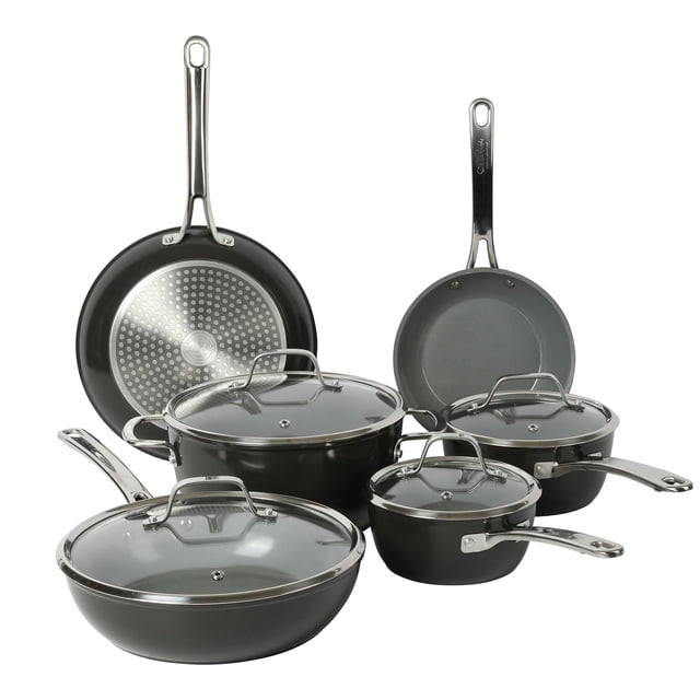 Sur La Table Kitchen Essentials - Juego de ollas y sartenes de aluminio forjado antiadherentes con interior de cerámica de titanio sin PFA, 10 piezas, color negro, compatibles con inducción