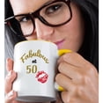thumbnail image 2 of 3drose, Fabulous at 50 with Kissing Red Lips Word Art, 11oz Two-tone Yellow Mug, 2 of 6