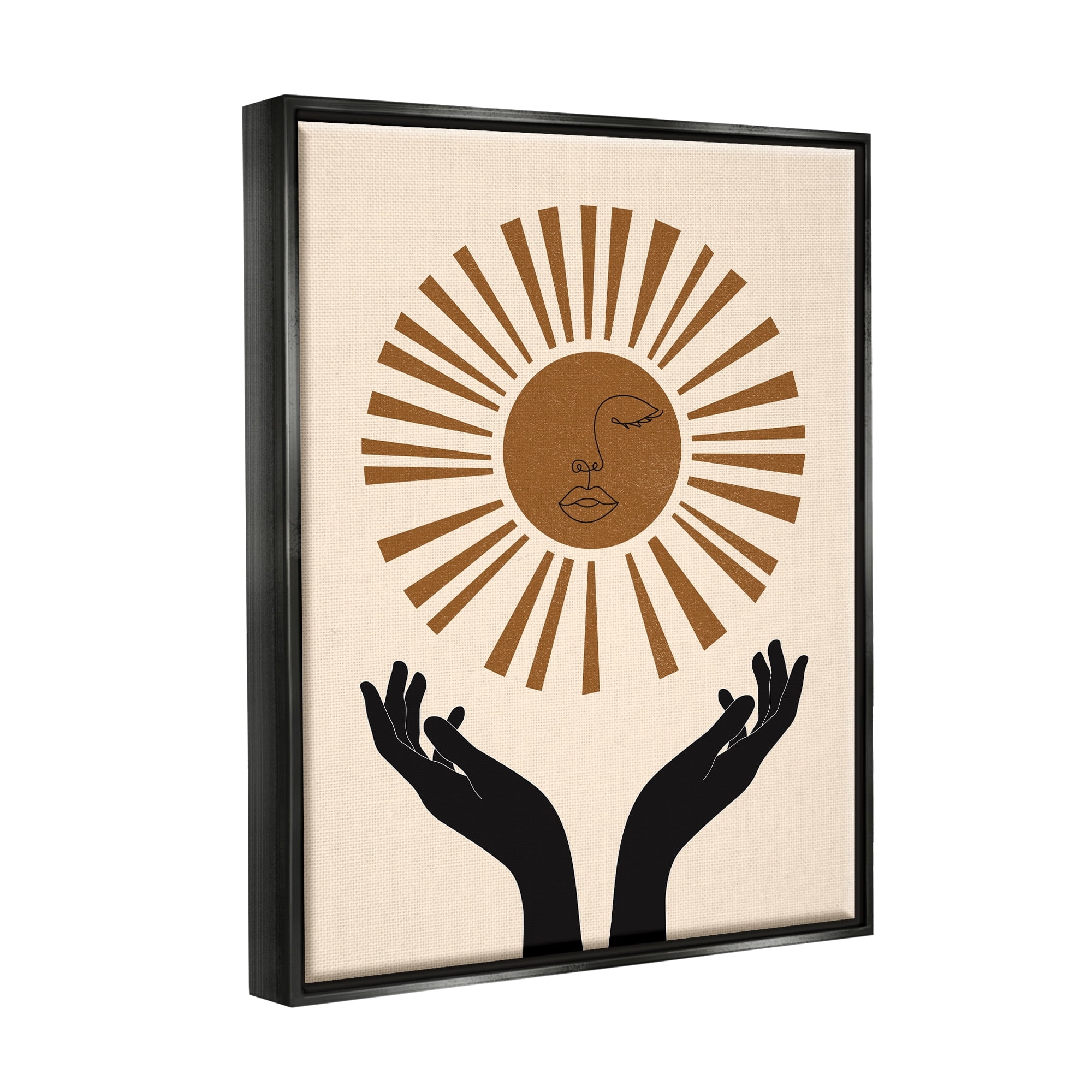 Stupell Industries Hands Holding Desert Sun with Face Linework Jet Black Framed Floating Canvas Wall Art, 24x30, by JJ Design House LLC