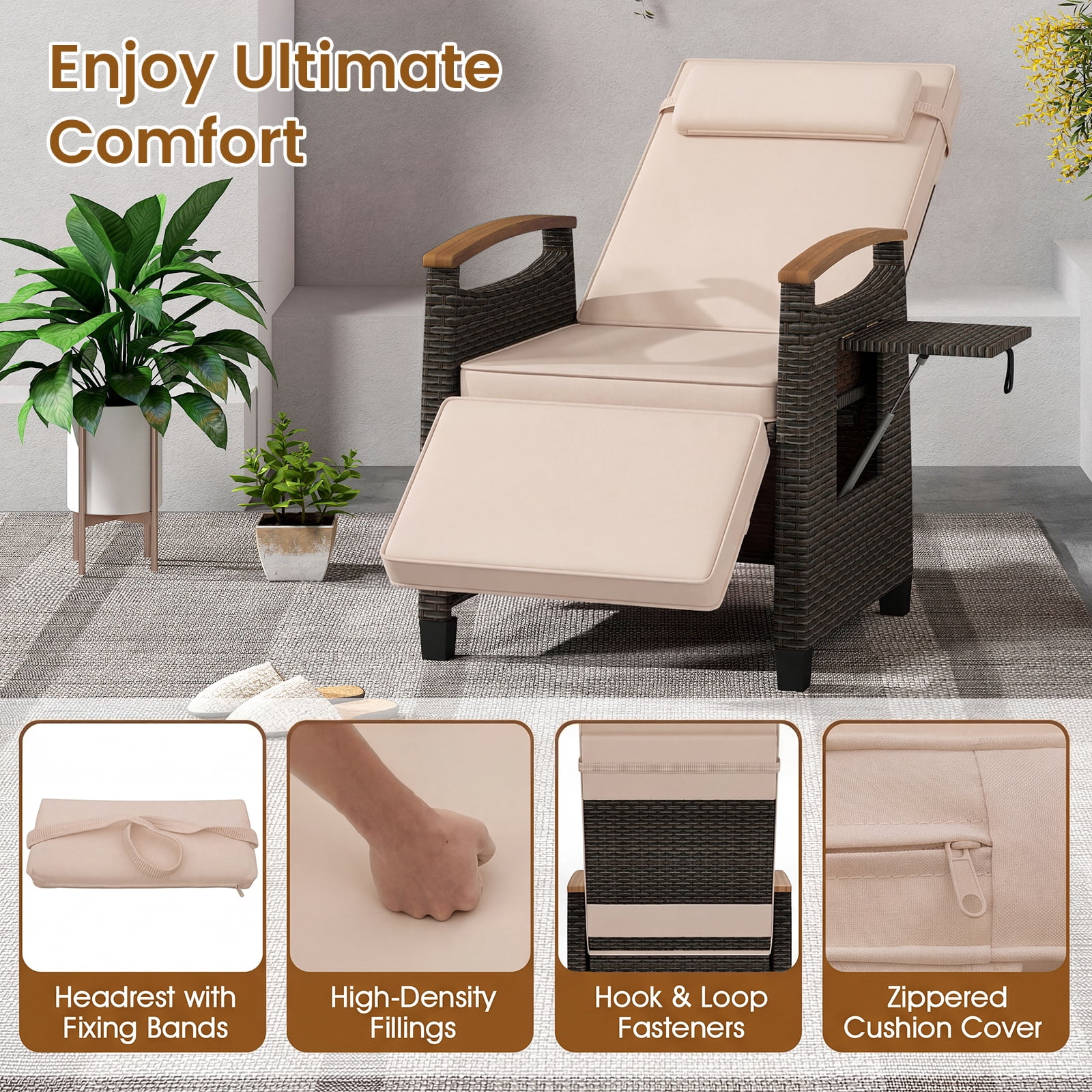 Gymax Set of 2 Patio Wicker Recliner Chair Rattan Lounge Chair w/ Adjustable Backrest&Footrest Mix Brown