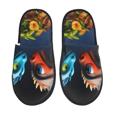 Balery Playful Colorful Dragons Flowers Slient Indoor Furry Fleece Comfort House Shoes Soft Non-Slip Home Shoes Cotton slippers House Slippers-- Large