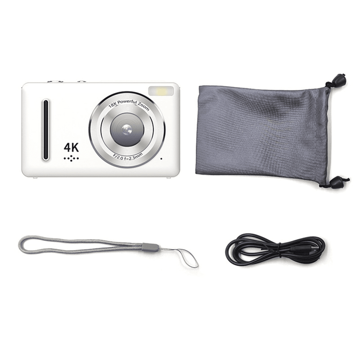 4K Ccd Digital Camera Photography Camera, Video Blog Camera, Film Camera, 4K 30FPS Mini Camera for Teenagers White,1 x camera 1 x storage bag 1 x data cable 1 x lanyard,White