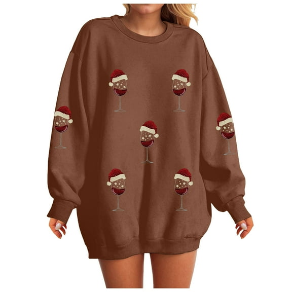 larppty Women Oversized Long Sleeve Christmas Sweatshirts Crewneck Loose Teen Girl Pullover Top 2025 Fall Y2K Trendy Outfits (Brown, S)
