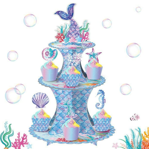 1 juego de decoración de cumpleaños – soporte para tarta de cumpleaños con tema de sirena, 1 juego de decoración de fiesta, pancarta de cumpleaños, decoración de pasteles, suministros de cumpleaños, p