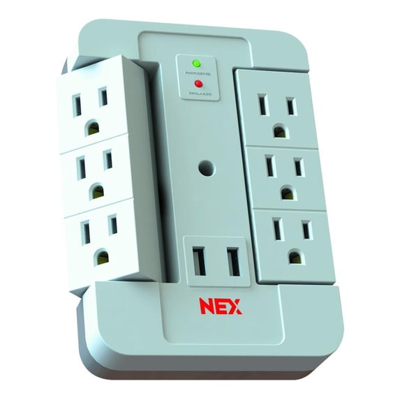 NEXSW62A-W 6 Outlet Swivel Space Saving 2USBA Port Surge Protector Wall Tap, Android, iPad, iPhone, iPod Compatible,900J Joules, 2.4AMP Quick Charge, White Finish